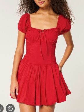 Hollister Red Puff-Sleeve Smocked Mini Dress